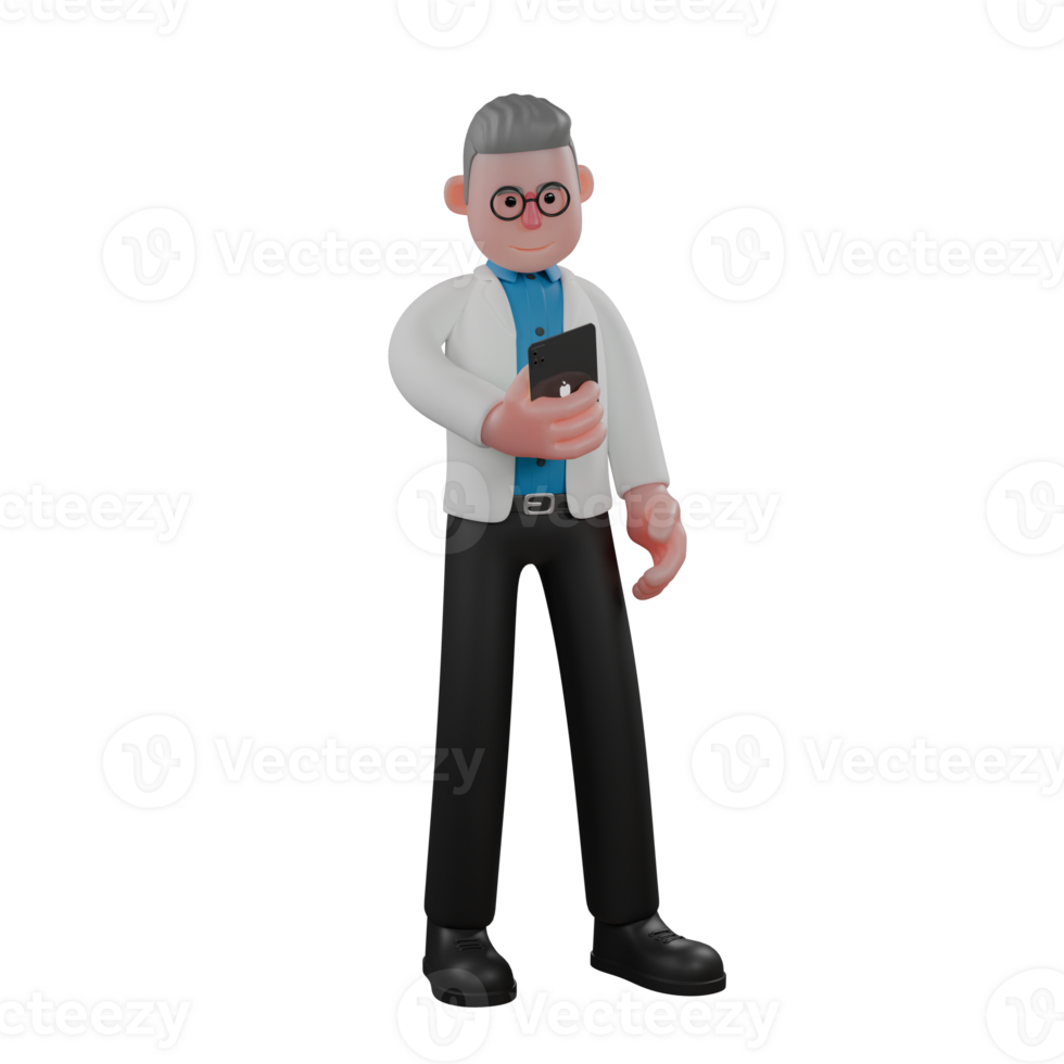 Animated Male Physicist. A male physicist stands holding a cellphone in his left hand. 3D Experimental Scientist png