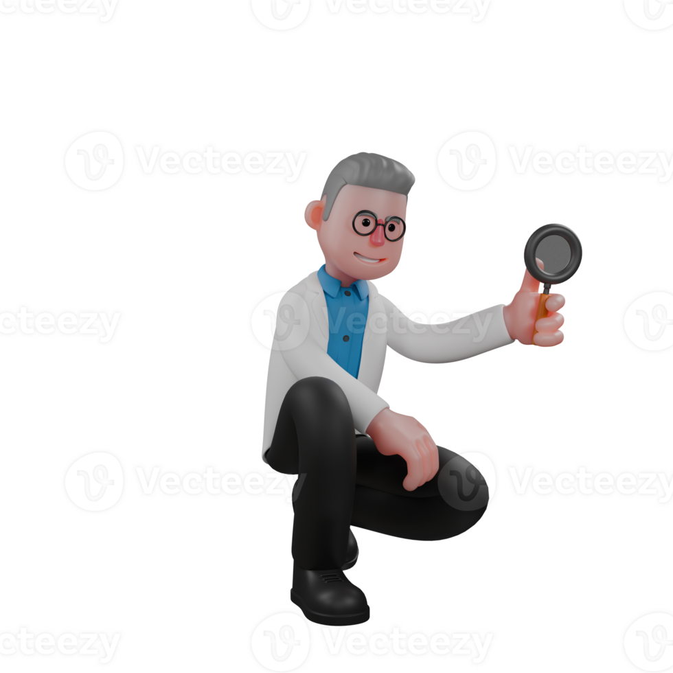 3D Male Physicist Character in Action. A male physicist is squatting while holding a magnifying glass. Professional png