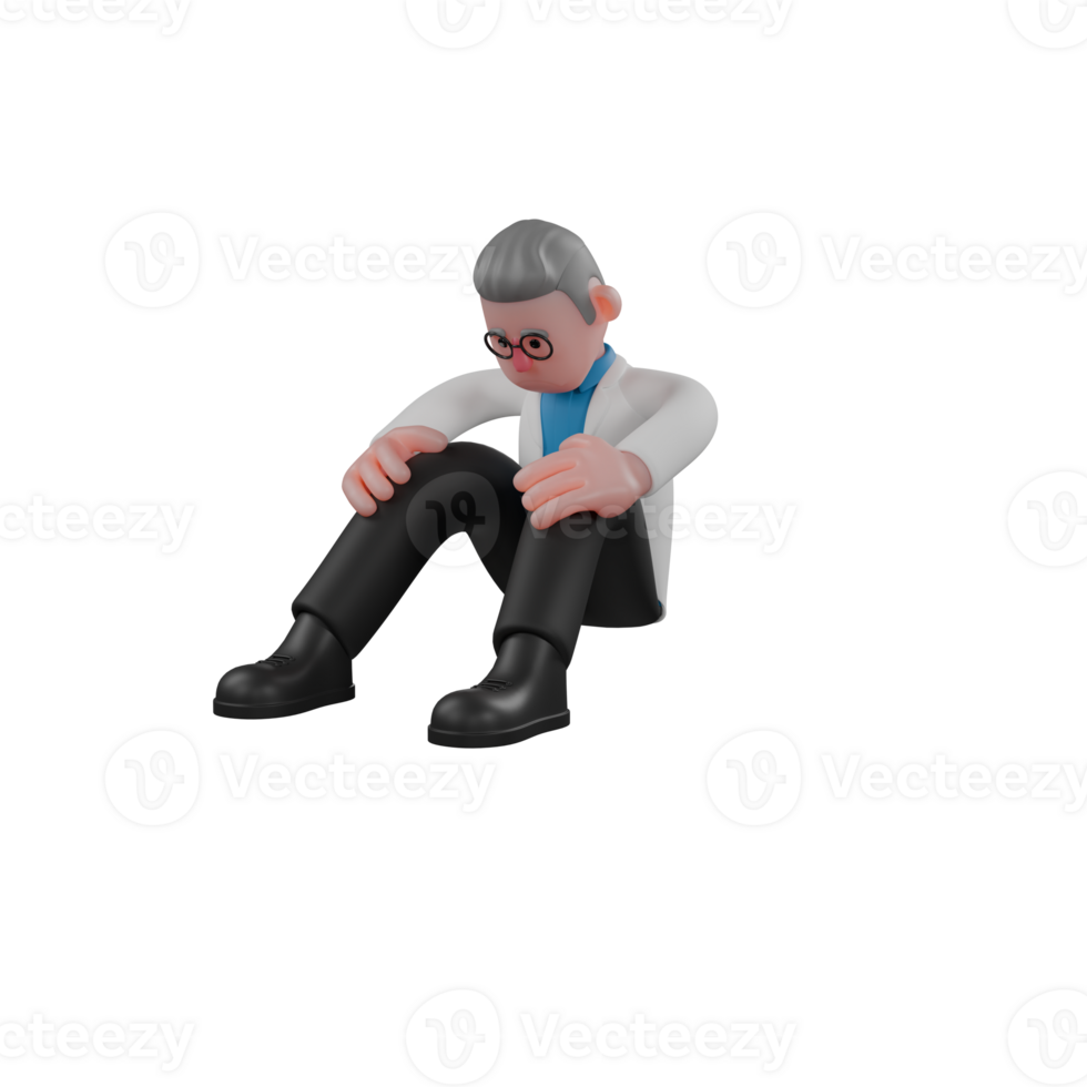 Professional Male in 3D - Physicist. A male physicist is sitting on the floor with both hands holding his knees. Cartoon Illustrated png