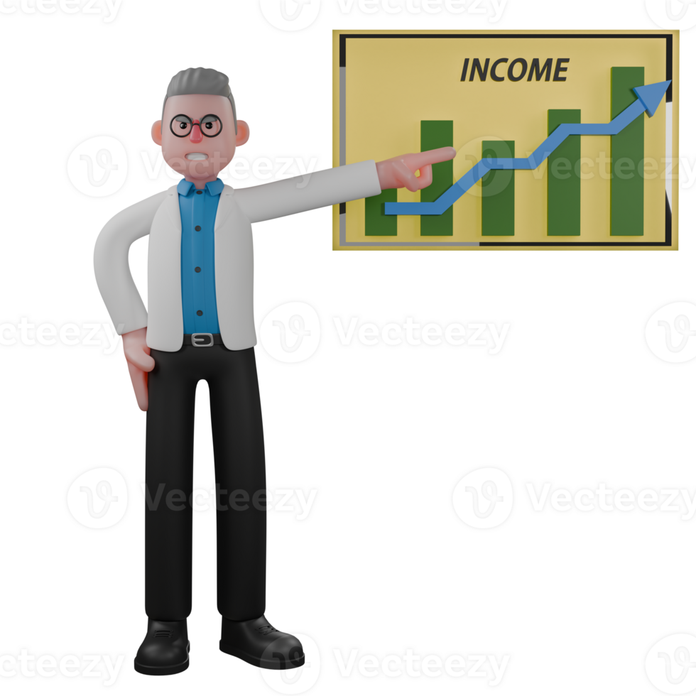 Illustrative 3D Male Physicist. A male physicist is standing while pointing at an INCOME diagram on his left. Professional png