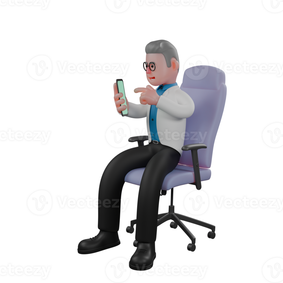 3D Science Practitioner. A male physicist sits on a chair holding a cellphone in his right hand and his left hand is in front of the cellphone screen. Male Physicist png