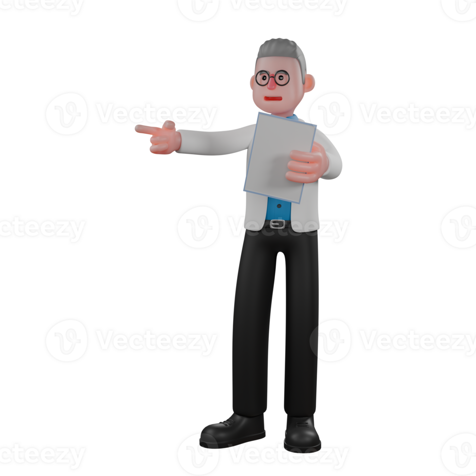 Cartoon Illustrated of a Male Physicist. A male physicist stands holding paper in his right hand and pointing in a certain direction with his left hand. 3D Science Style png