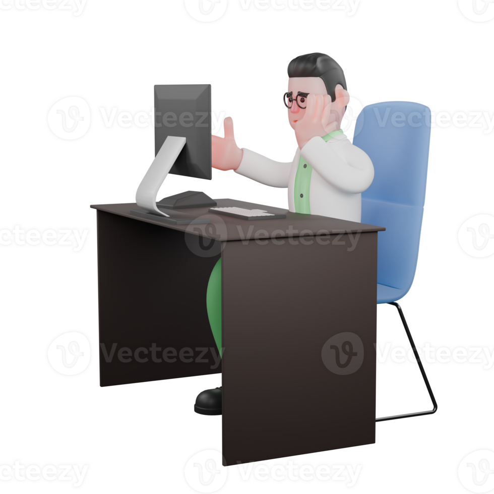 3D Male Biologist in Action. A male biologist is sitting on his desk chair in front of a monitor screen. Professional Ecology png