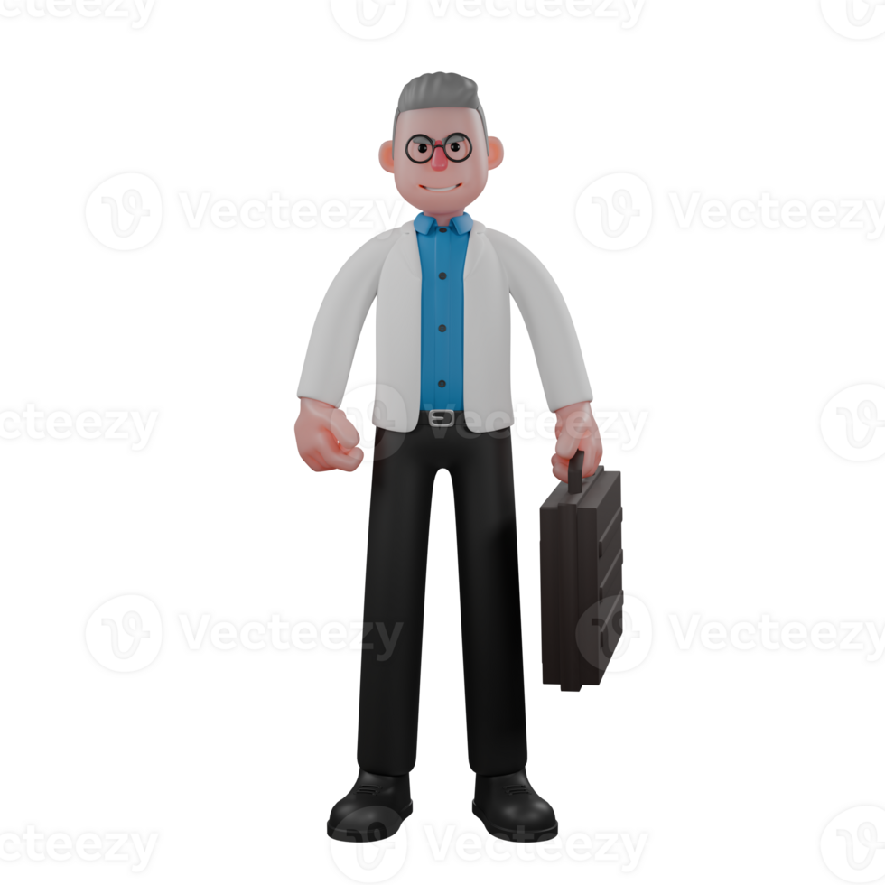 Professional Male Physicist in 3D Animation. A male physicist is standing straight while carrying a work suitcase. Physics png