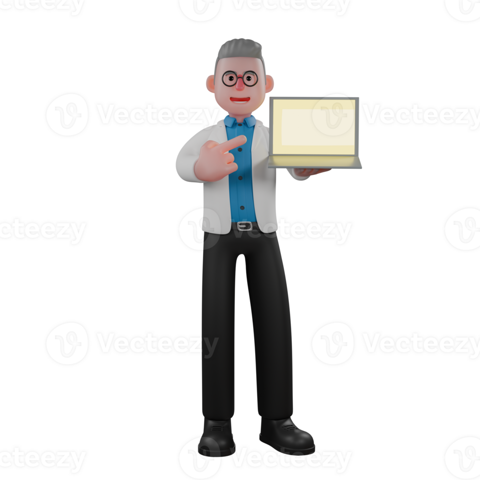 Male Physicist in Research. A male physicist stands holding a laptop with his right hand and pointing at the laptop with his left hand. 3D Science Experiment Scene png