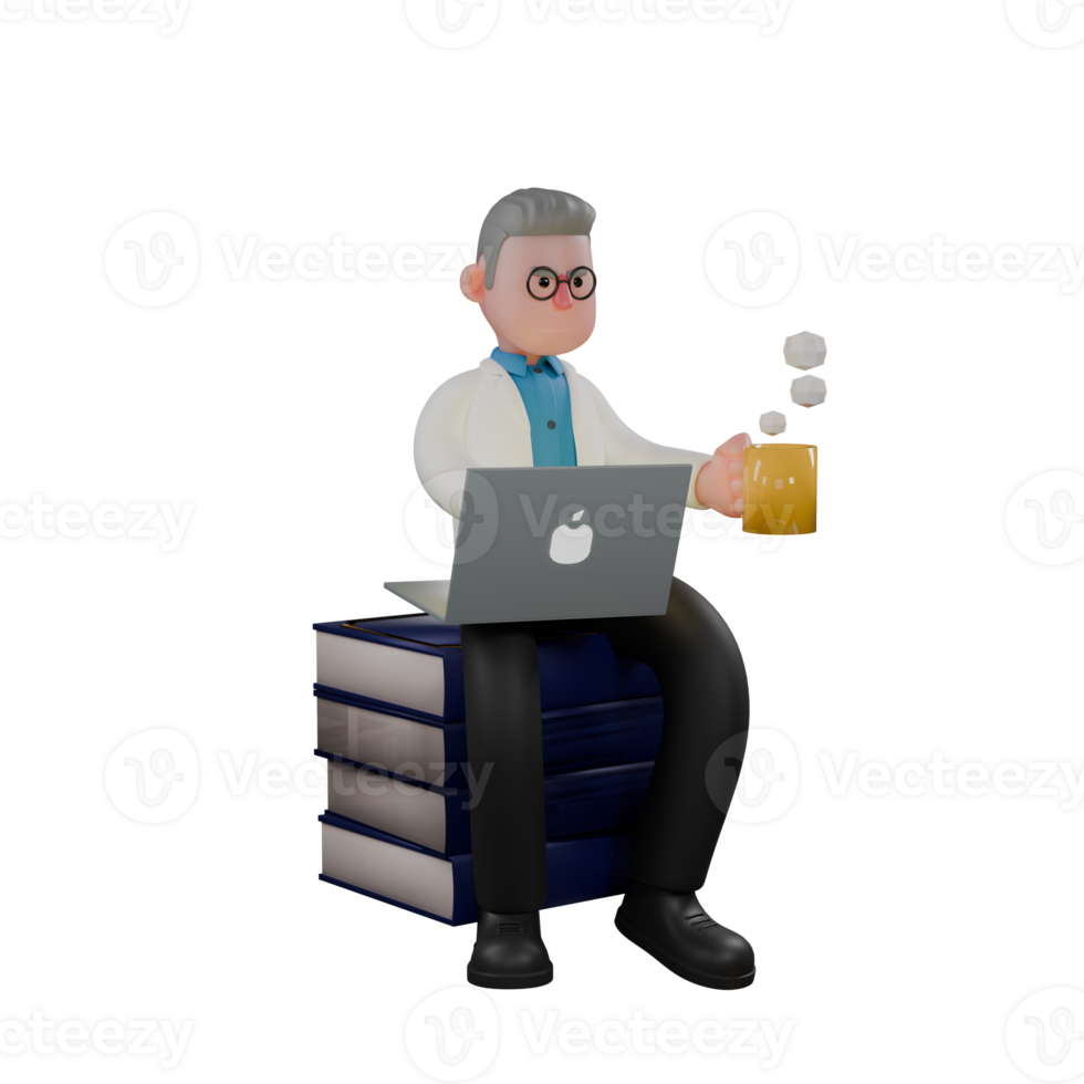 Male Physicist Cartoon in 3D. A male physicist sits on a pile of books with his laptop on his lap and a cup of drink in his left hand. Experimental Physics Illustrated png