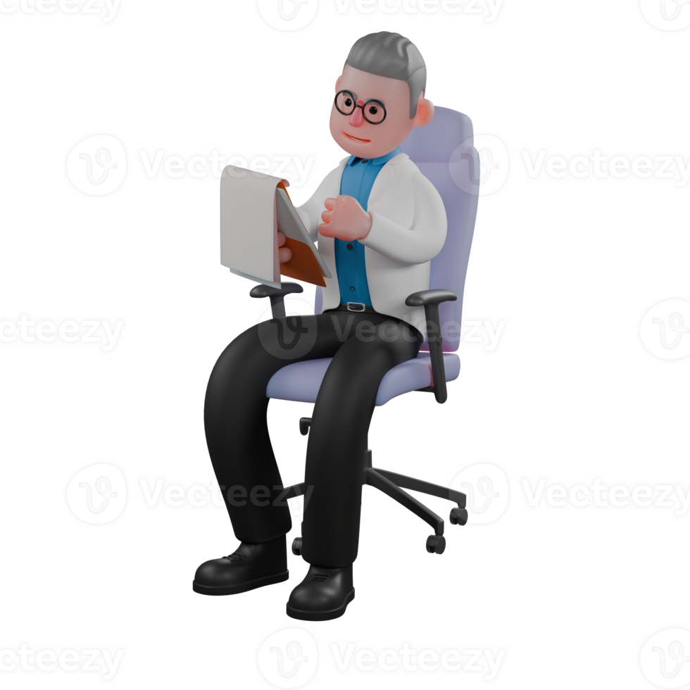 Physics Research 3D Illustrated. A male physicist sits on a chair holding a clipboard in his left hand and clenching his right fist. Professional Male Physicist png
