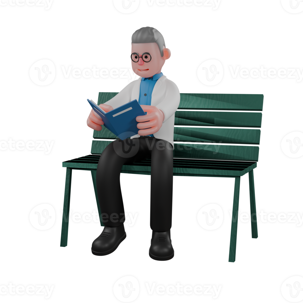 Male Physicist 3D Model. A male physicist sits in the park with both hands holding a book. Space Research Environment png