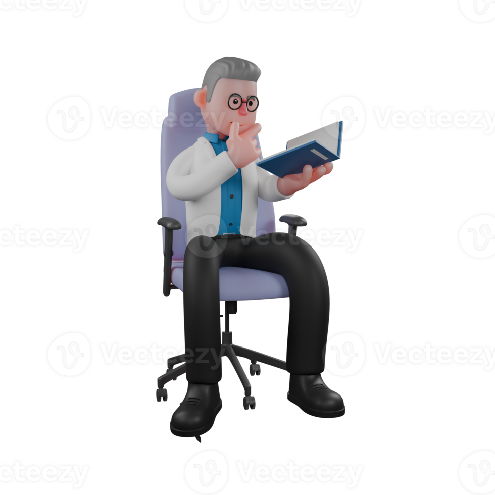 Theoretical Physics Expert in 3D. A male physicist sits on a chair holding a book in his left hand and holding his chin with his right hand. Cartoon Physicist png