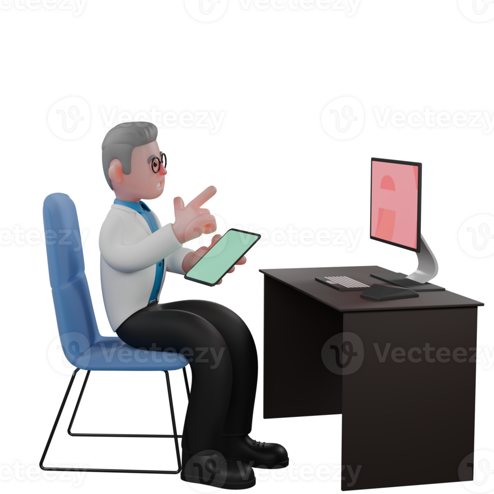 Male Physicist 3D . A male physicist is sitting on his desk chair while holding a tablet and the other hand gives a finger gun symbol while his gaze is fixed on the monitor screen in front of him. png