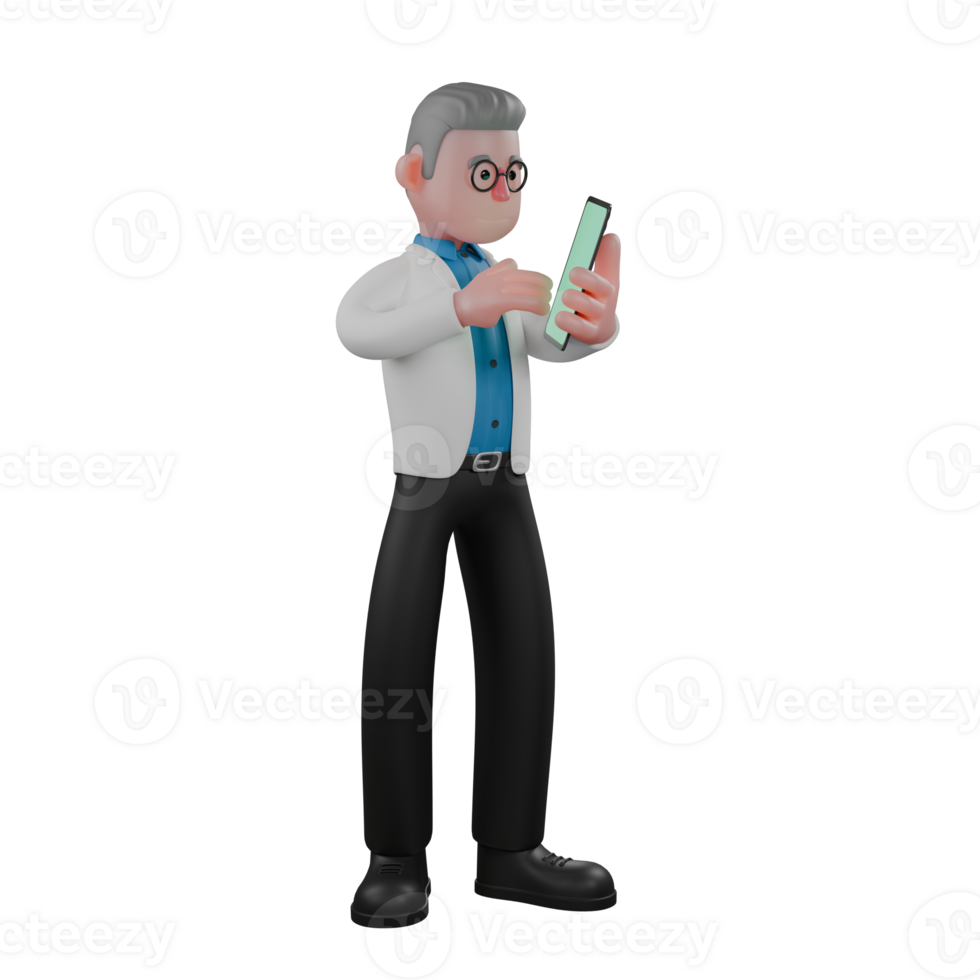 Male Physicist in 3D Professional Physics. A male physicist is standing while playing with his cellphone. Cartoon png