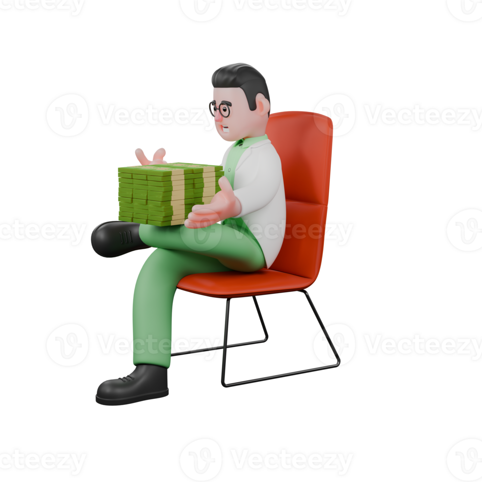 Professional Male Biologist Character 3D. A male biologist is sitting on a work chair with his left leg over his right leg and on his lap are several stacks of money. Ecology png