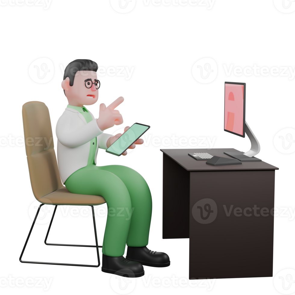 Male Professional Biologist - 3D Character. A male biologist is holding a cellphone while sitting on his desk chair in front of a monitor screen and his hands pointing forward. Ecology png