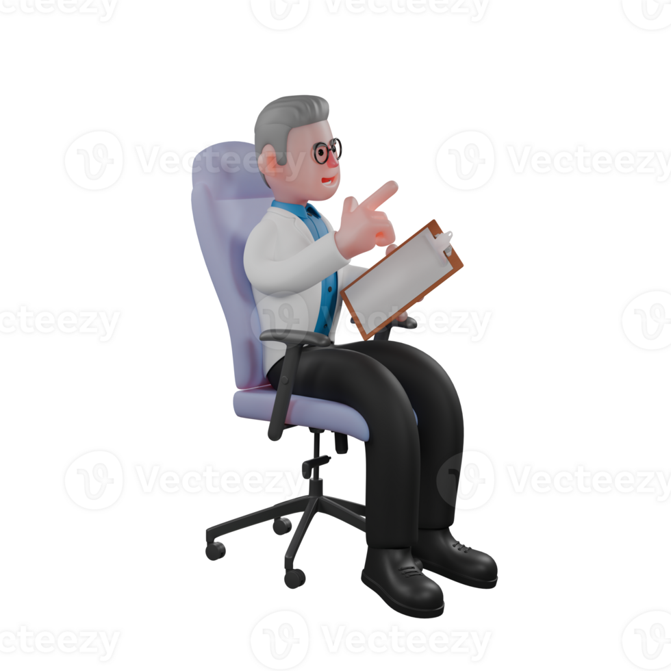 Professional 3D Physicist. A male physicist sits on a chair holding a clipboard in his left hand and pointing forward with his right hand. Male Science Expert png