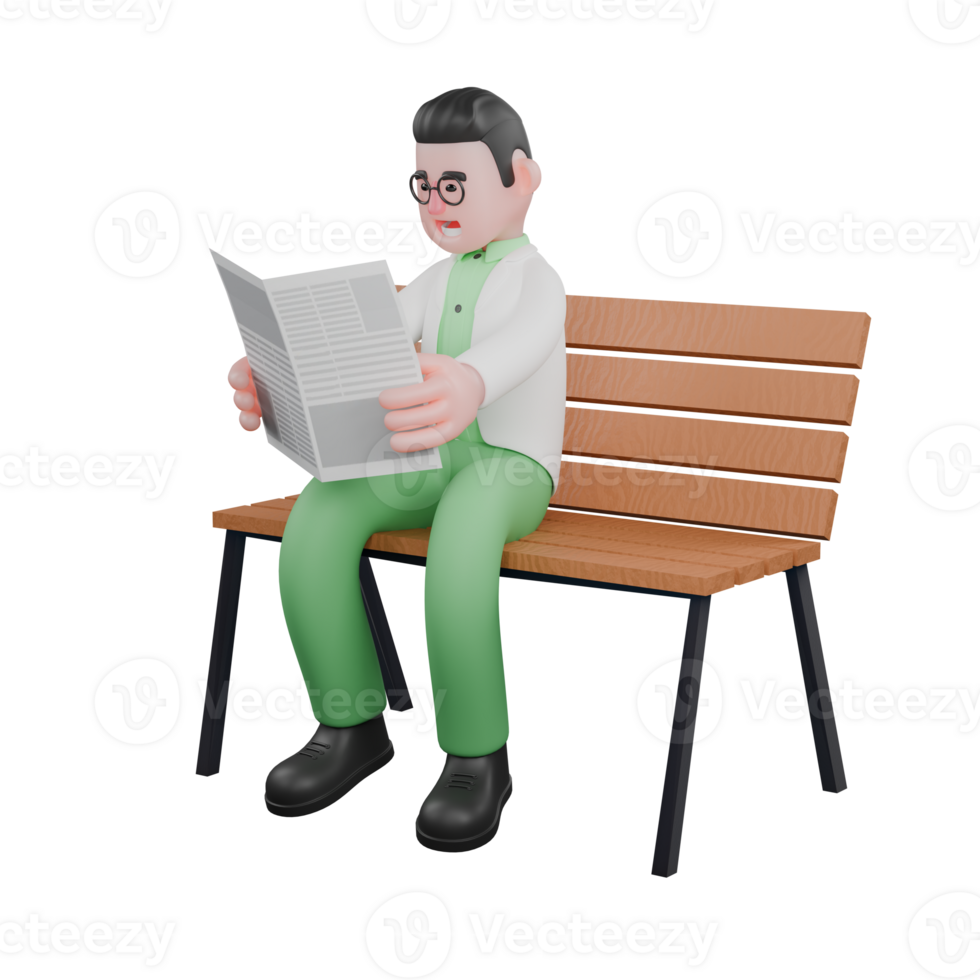 Male Biologist 3D Model. A male biologist sits on a park bench while holding a newspaper in both hands. Natural Habitat Study Environment png