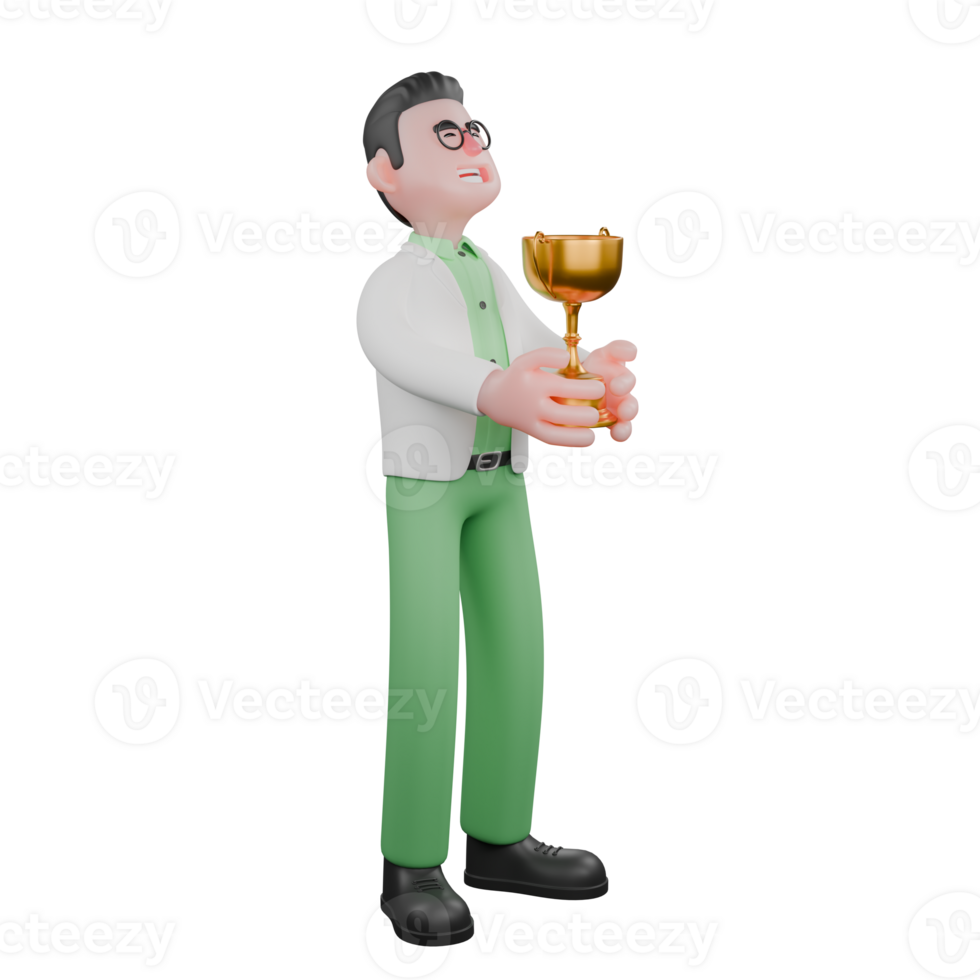 3D Male Biologist in Field. A male biologist stands holding a trophy in both hands with a happy expression. Biological Illustrated png