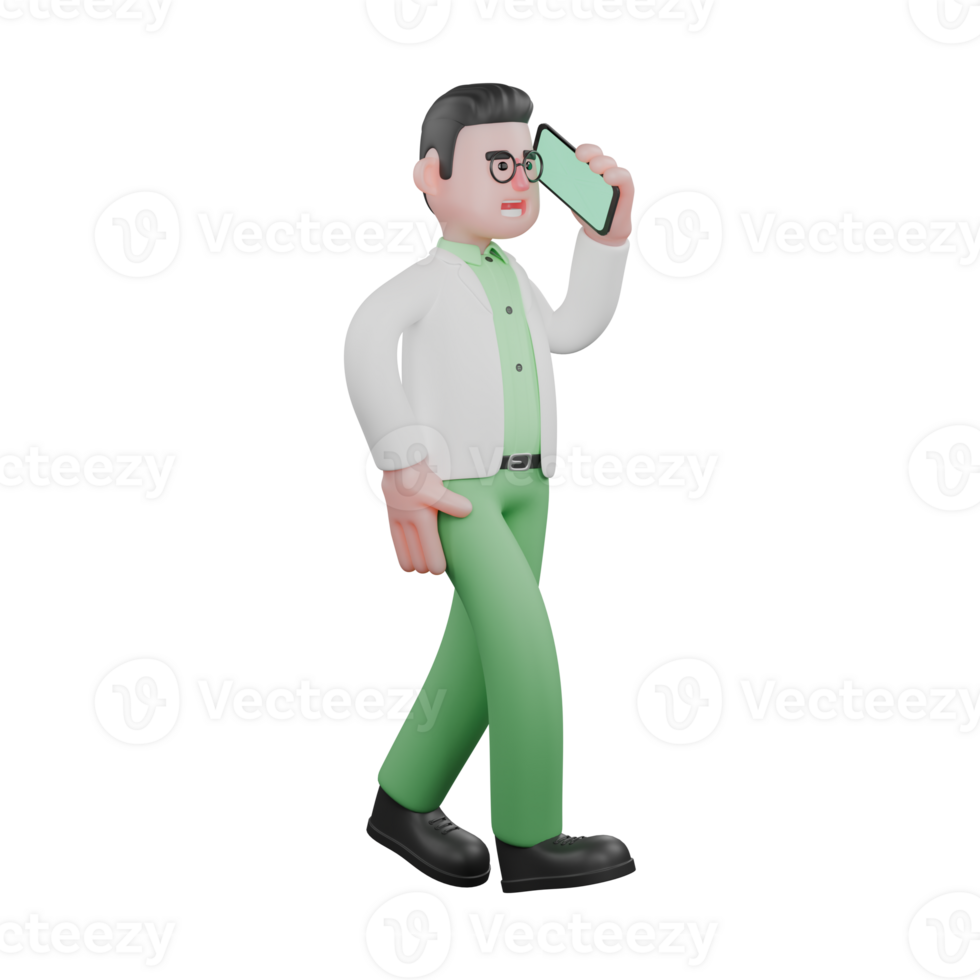 Professional Field Scientist Character. A male biologist walks while holding a cellphone in his left hand. 3D Male Model png