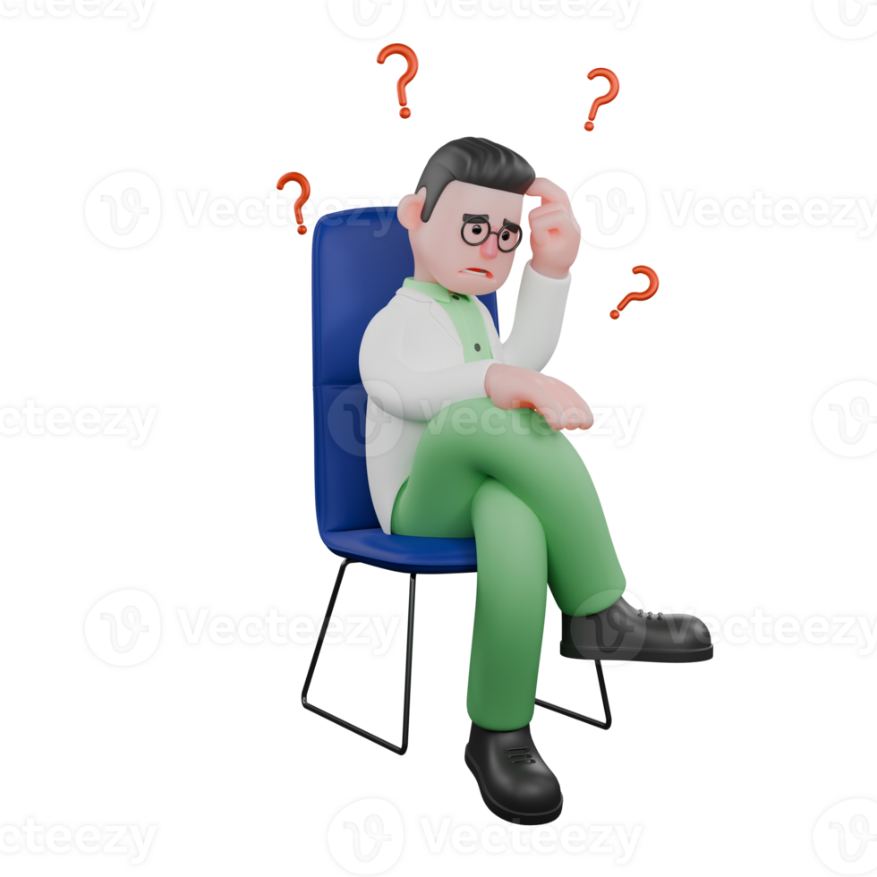 Ecology Expert 3D Model. A male biologist is sitting on a chair confused. Biologist Cartoon png
