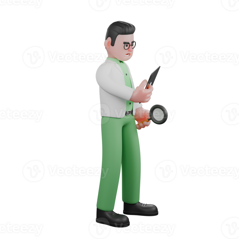 Animated Male Biologist. A male biologist stands holding a magnifying glass in his left hand and a tablet in his right hand. 3D Ecology Expert png
