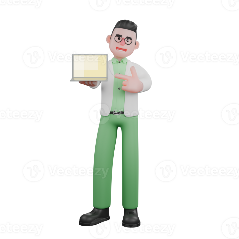 3D Model of Cartoon Biologist. A male biologist is standing holding a laptop in his left hand and pointing at the laptop with his right hand. Marine Biology Specialist png