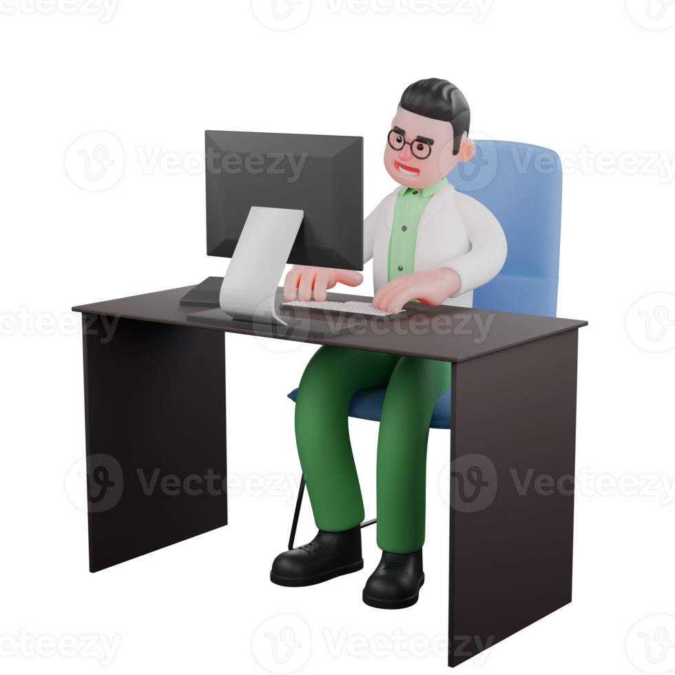 3D Cartoon Biologist Character. A male biologist is sitting at a desk with both hands operating a computer. Wildlife Research Model png