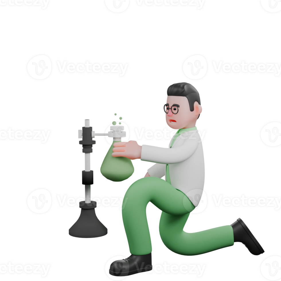 Biologist's Daily Fieldwork in 3D. A male biologist kneels next to a laboratory equipment holding an Erlenmeyer flask containing a green liquid that is bubbling. Male Cartoon png