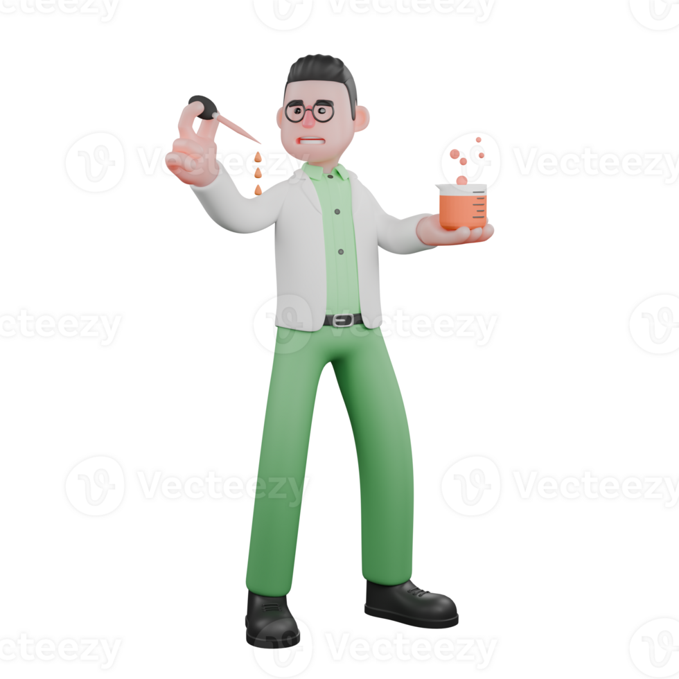 Professional Male Biologist in 3D. A male biologist stands holding a beaker in his left hand and a dropper in his right hand. Genetic Analysis Character png