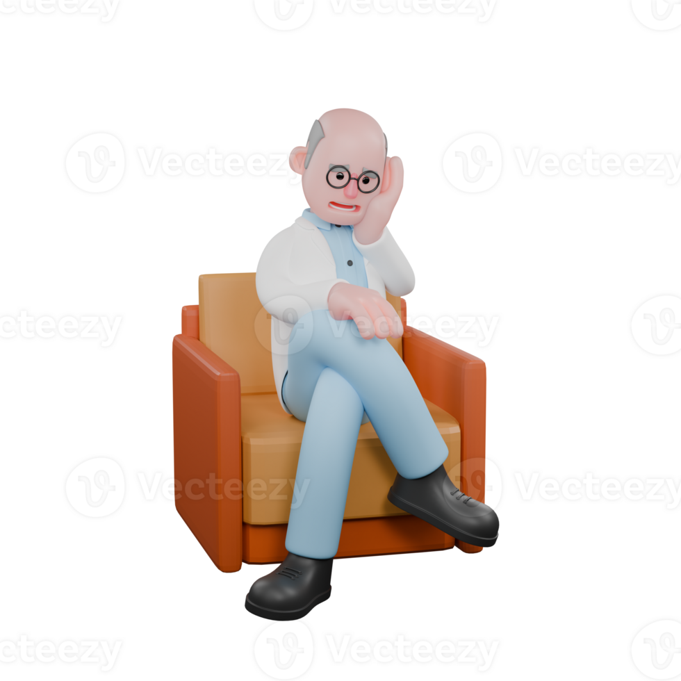 3D Male Science Character. A male scientist is sitting contemplating on a sofa with his legs folded, one hand on his knee and the other on his cheek. Scientist Professional png