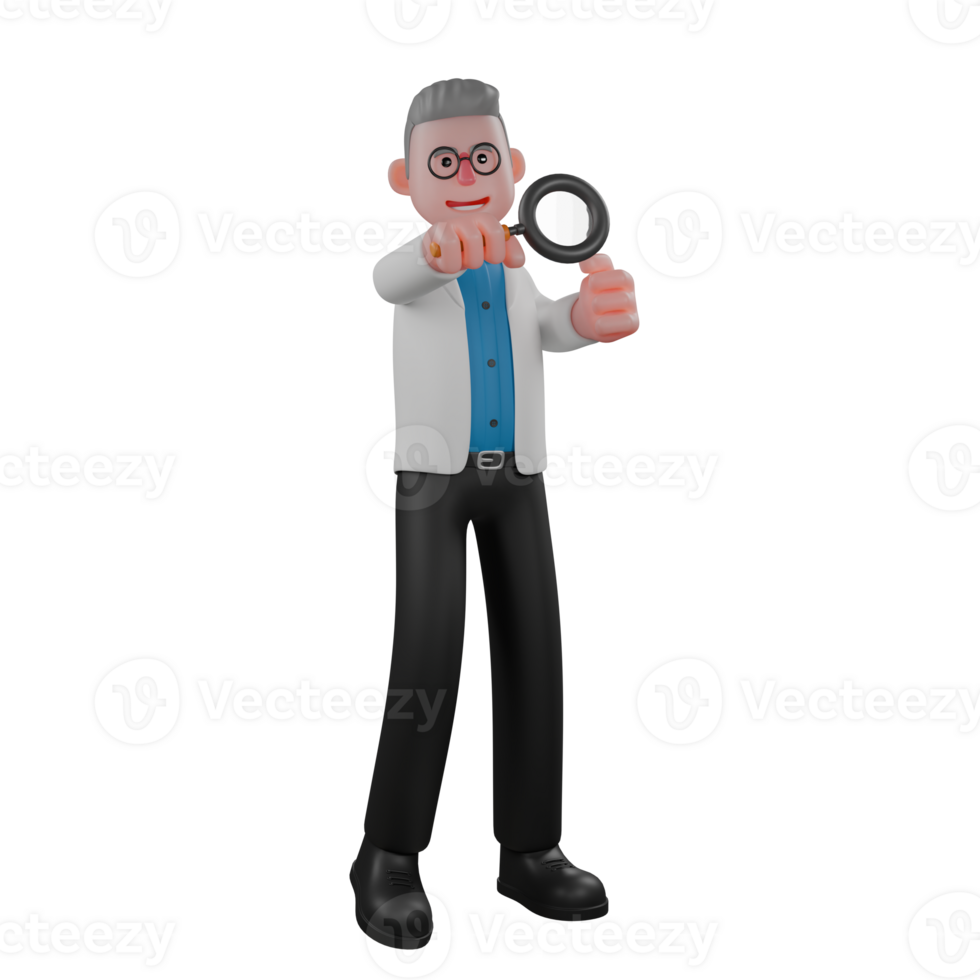 Male Physicist 3D Illustrated. A male physicist stands with his left hand extended forward while holding a magnifying glass. Professional png