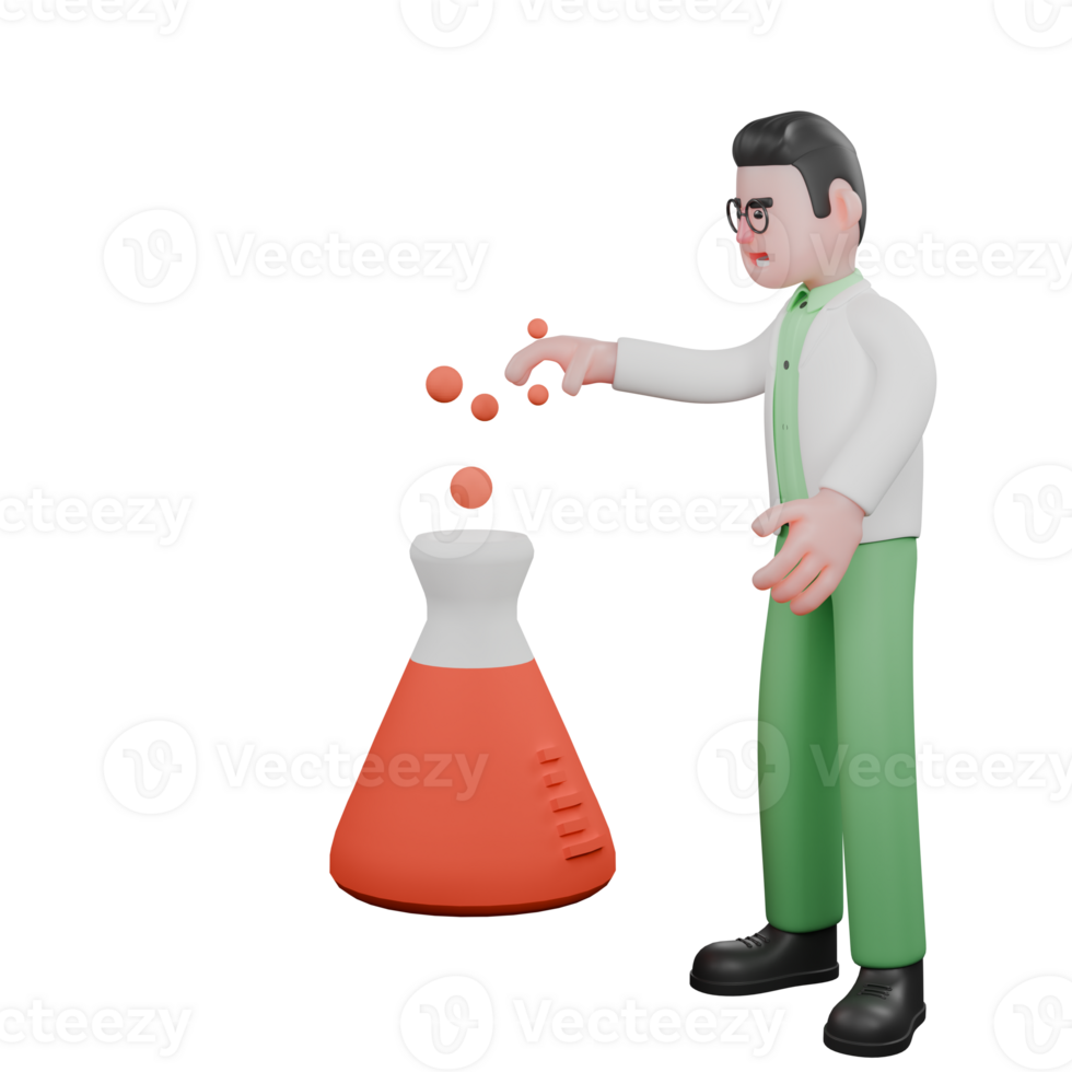 Ecology Male Biologist. A male biologist stands next to an Erlenmeyer flask with his right hand above the flask. 3D Professional Character png