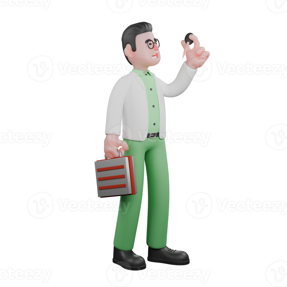 3D Professional in Biology. A male biologist stands holding a dropper in his left hand and a briefcase in his right hand. Male Biologist png