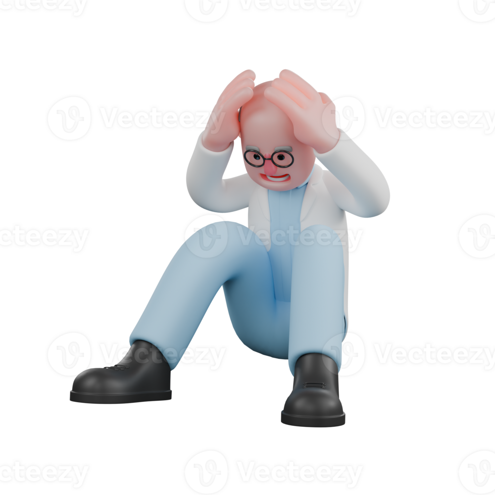 3D Science Scientist Male. A male scientist is sitting on the floor with both hands holding his head. Professional Illustrated png