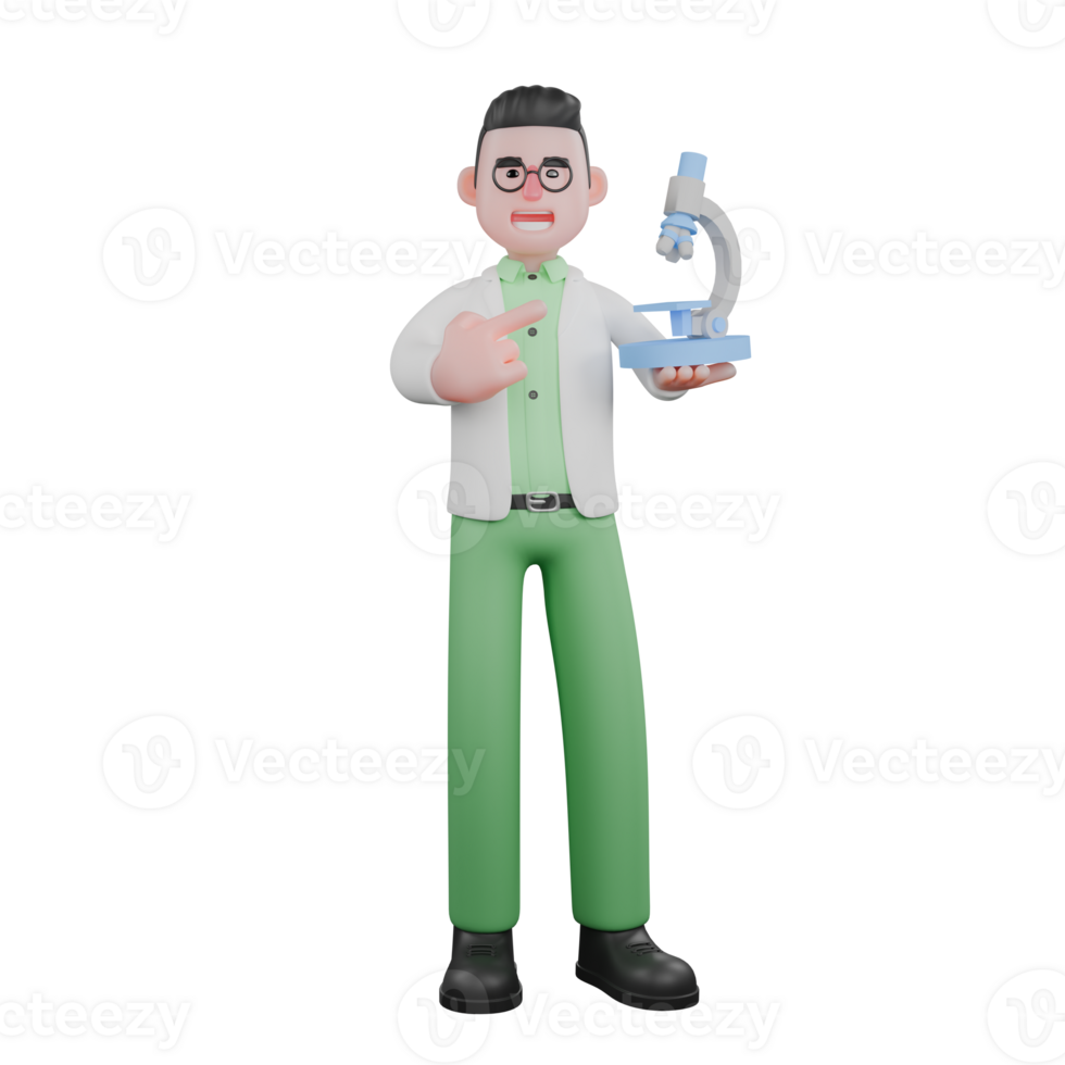 Male Biologist in Nature. A male biologist stands holding a microscope in his right hand while his left hand points at the microscope. 3D Wildlife Observation Scene png