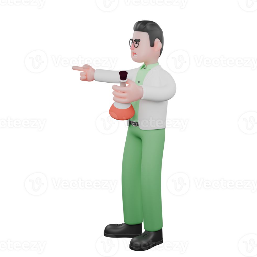 Cartoon Illustrated of a Male Biologist. A male biologist stands facing the left holding a measuring flask in his left hand while his right hand points forward. 3D Environmental Style png