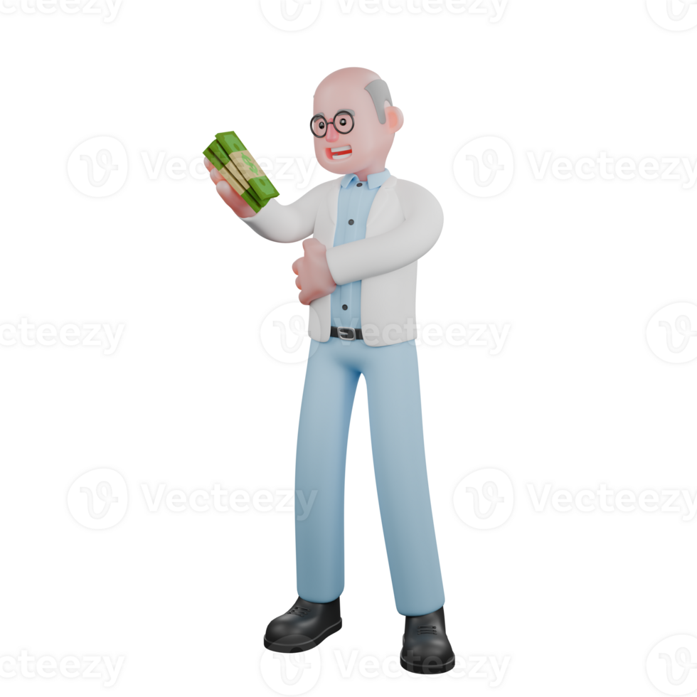 Male Scientist 3D Cartoon. A male scientist is standing while carrying a bundle of money and his other hand is wrapped around his body. Professional Science png