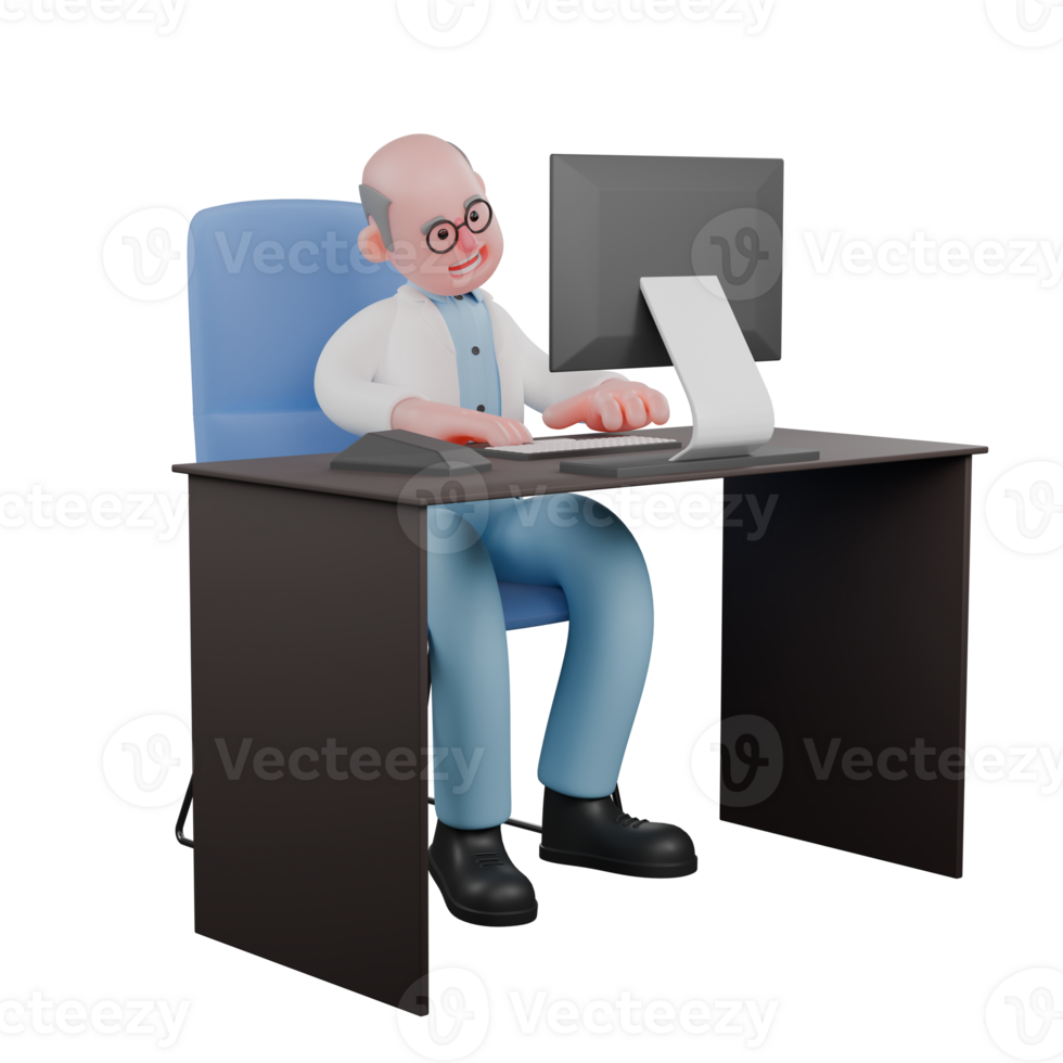 3D Illustrated of a Male Professional Scientist. A male scientist is typing on a keyboard and sitting on his desk chair with a monitor screen above him. Science png