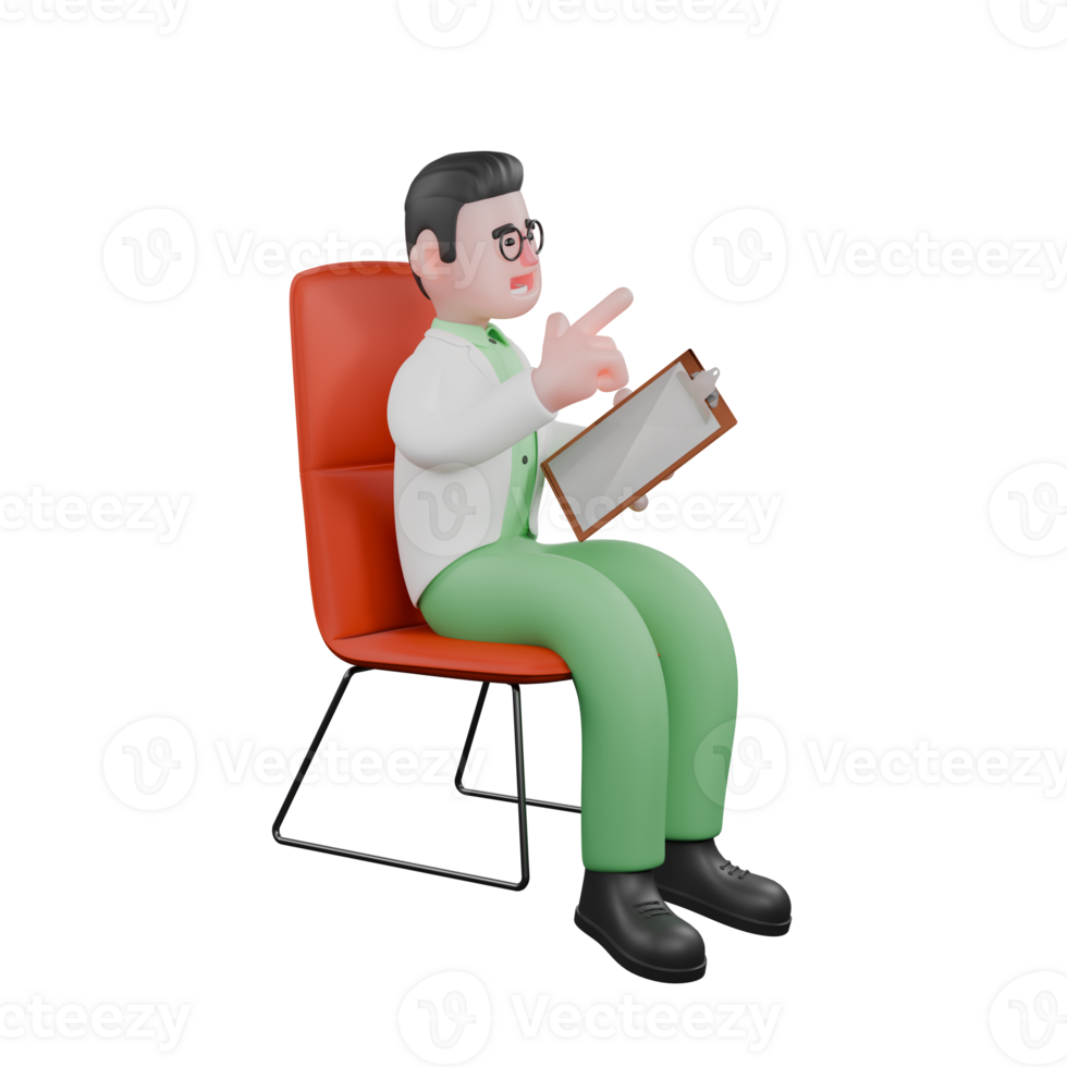 Professional 3D Biologist. A male biologist sits on a chair holding a clipboard in his left hand and points in a certain direction with his right hand. Male Ecology Expert png