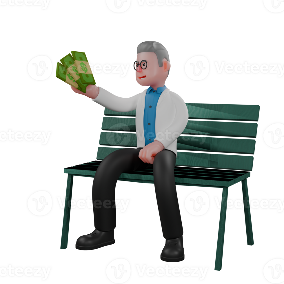 3D Cartoon of Male Physicist. A male physicist sits on a park chair holding a banknote in his left hand. Professional png