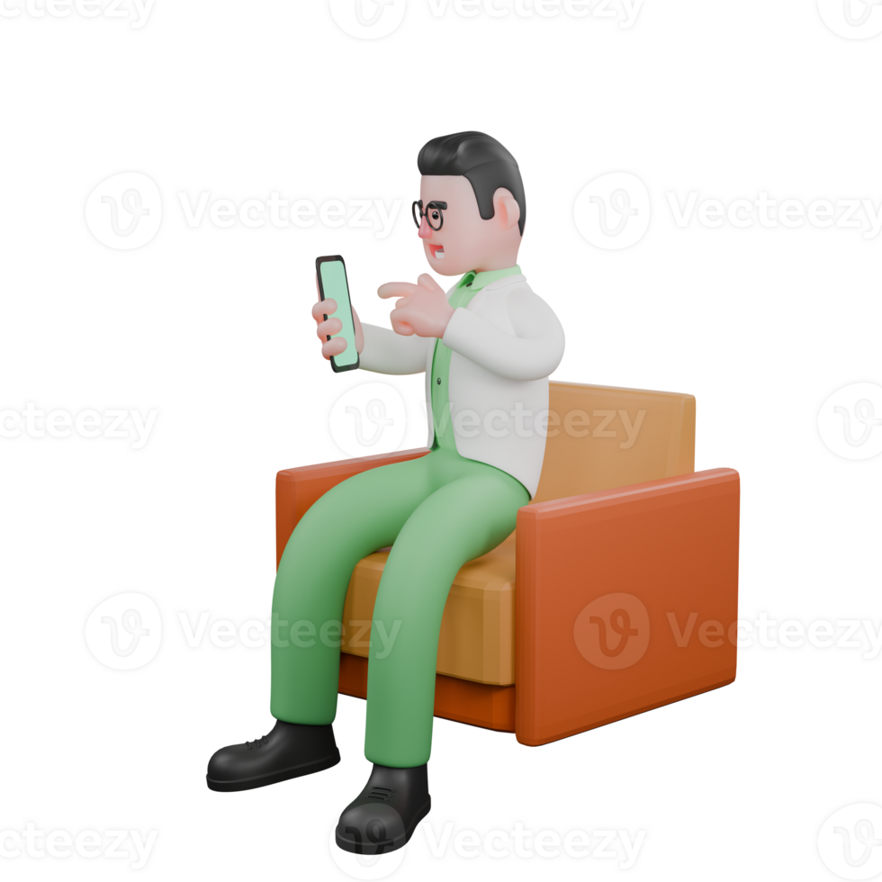 3D Environmental Practitioner. A male biologist sits on a sofa holding a cellphone in his left hand and points with his right hand at the cellphone. Male Biologist png