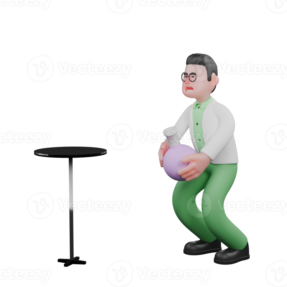3D Male Biologist Character. A male biologist is seen hesitating to carry a measuring flask that will be placed on a round table in front of him. Ecology Professional png