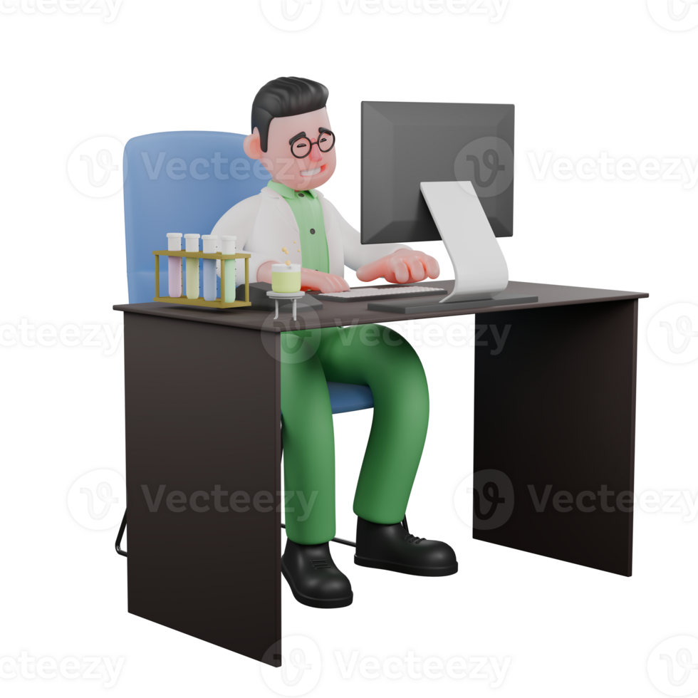 3D Illustrated of Professional Male Biologist. A male biologist is sitting on his desk chair while typing in front of a monitor screen. Ecology png