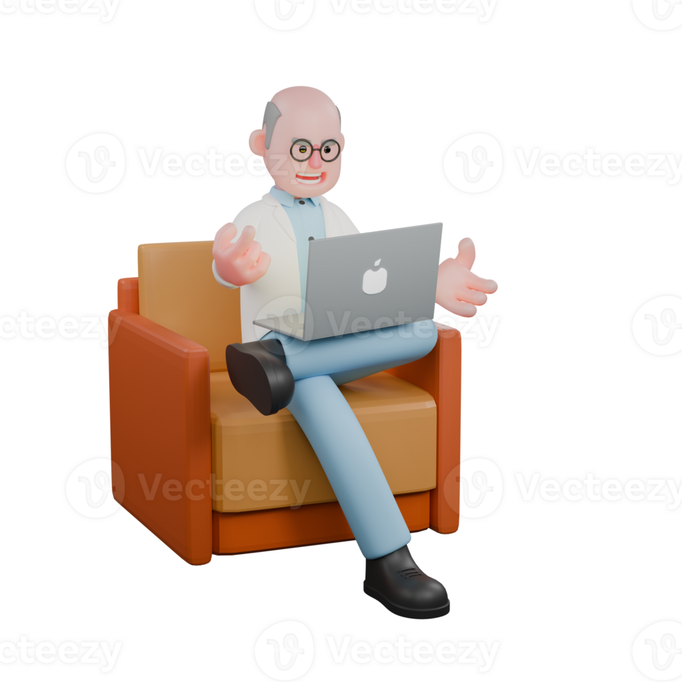 3D Professional Male Scientist Character. A male scientist is sitting on a sofa with his legs crossed and a laptop on his lap. Science png