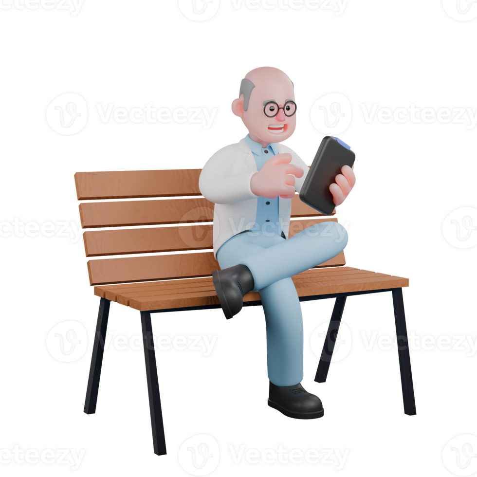 Male Scientist in Science 3D. A male scientist is sitting on a park bench while operating a tablet. Professional Character png