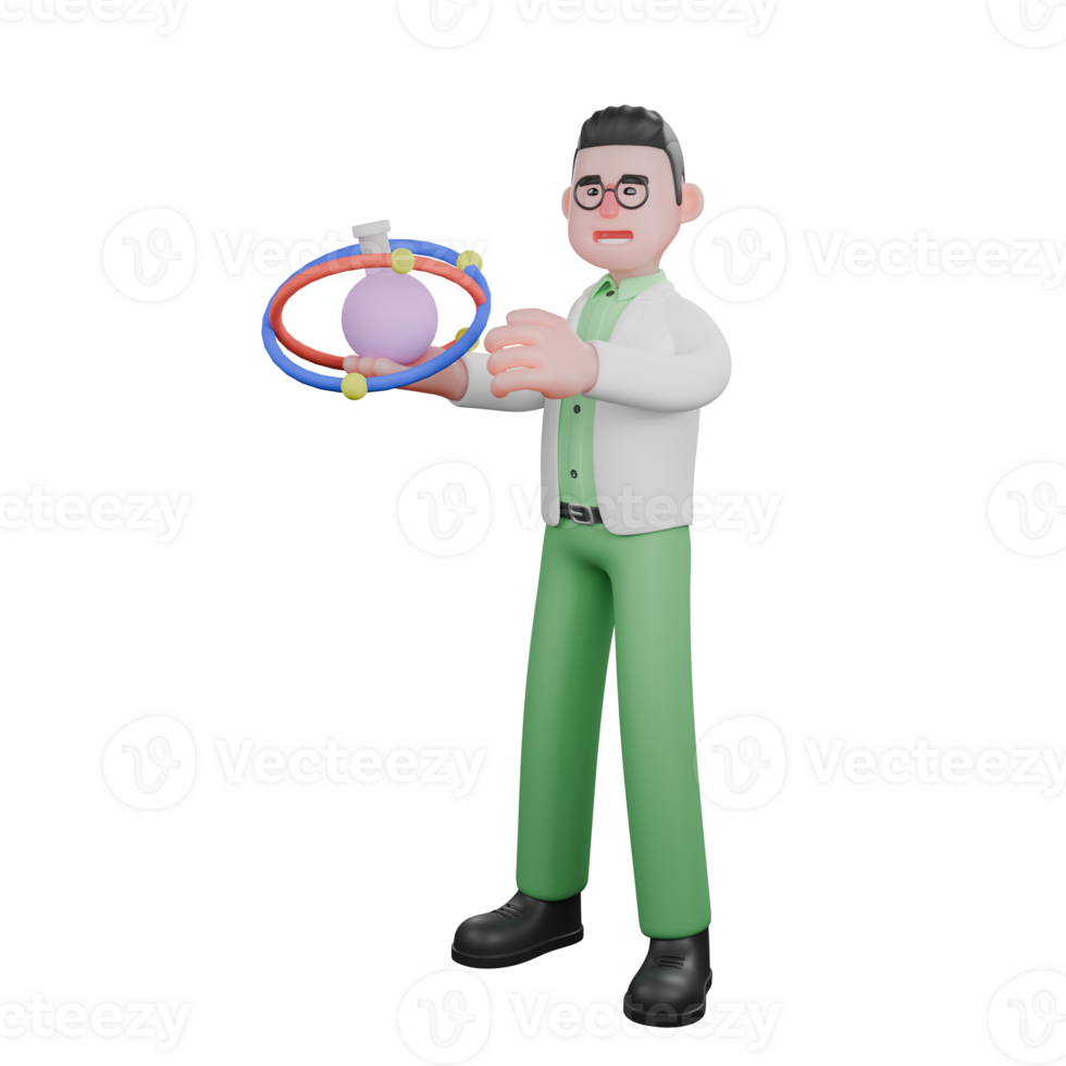 3D Model of Male Biologist. A male biologist stands holding an interactive model of the structure of an atom, showing the orbits of electrons around the nucleus of an atom. Ecology Character png