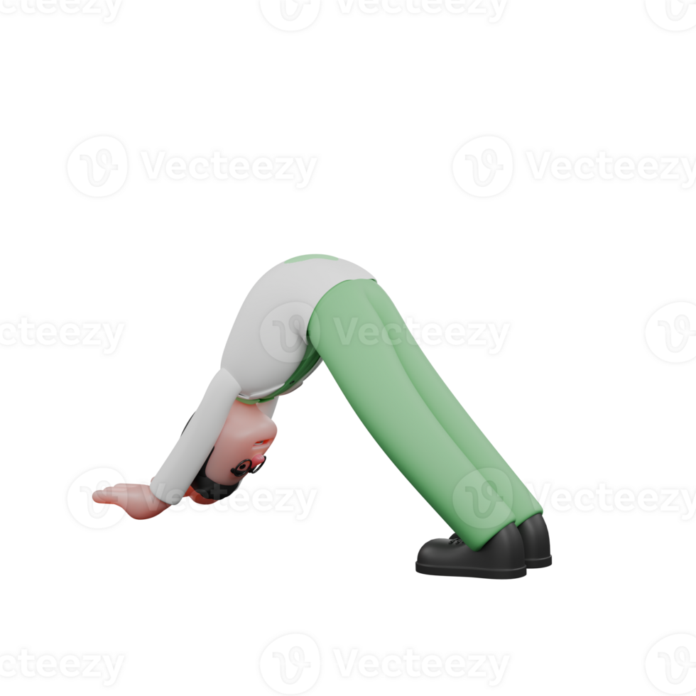 3D Professional Man in Biologist Role. A male biologist is doing the Downward Facing Hip Stretch pose, a popular yoga pose for stretching the back and legs. Ecology png
