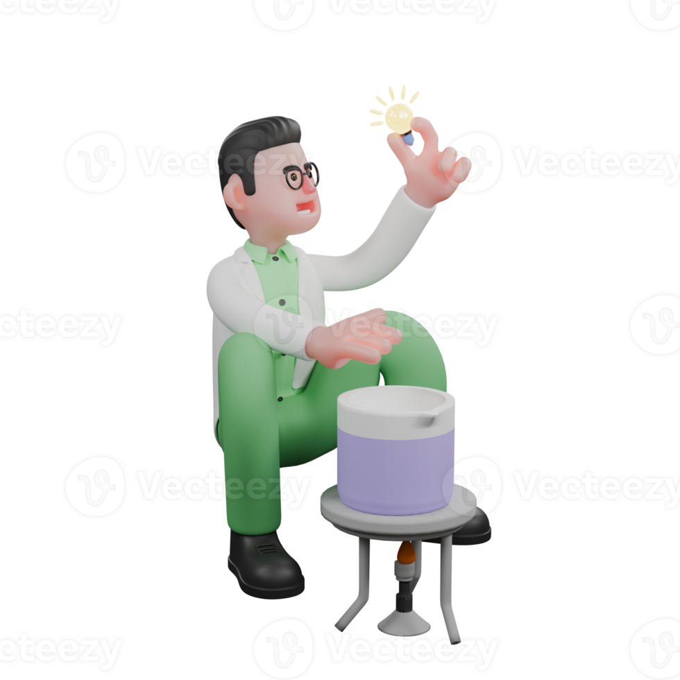 A male biologist is sitting with one hand holding a light bulb and the other hand feeling the temperature of a chemical solution that is being boiled in the laboratory fornice. 3D Environmental png