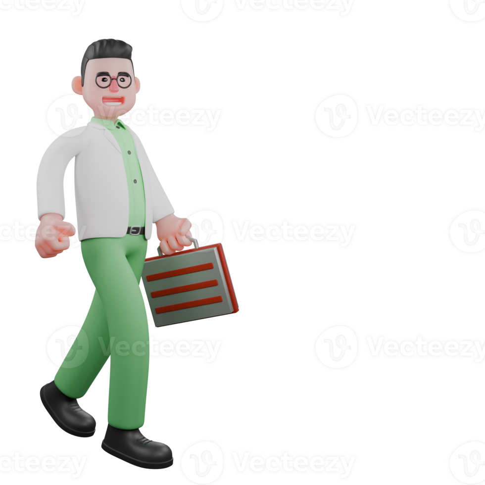 Professional 3D Male Biologist. A male biologist walks holding a briefcase in his left hand with a happy expression. Ecology Character png
