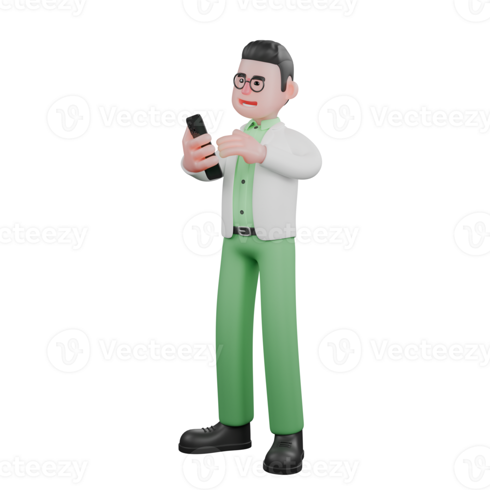 Illustrated of Male Ecology Professional. A male biologist stands holding a cellphone in his left hand and his right hand is on the cellphone screen. 3D Biologist png