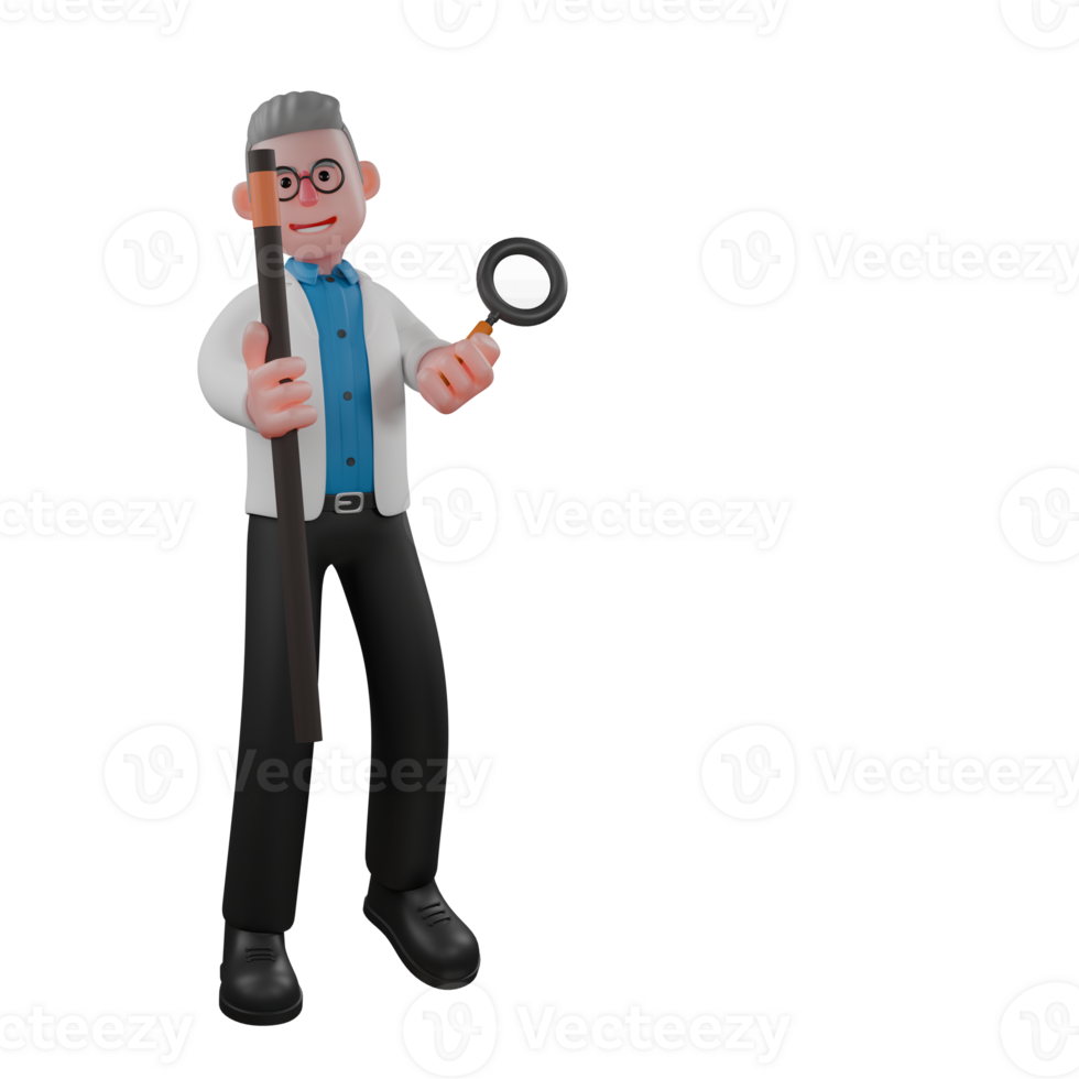 Male Physicist Cartoon Character. A male physicist stands holding a cane and a magnifying glass in his hands. 3D Physics Illustrated png