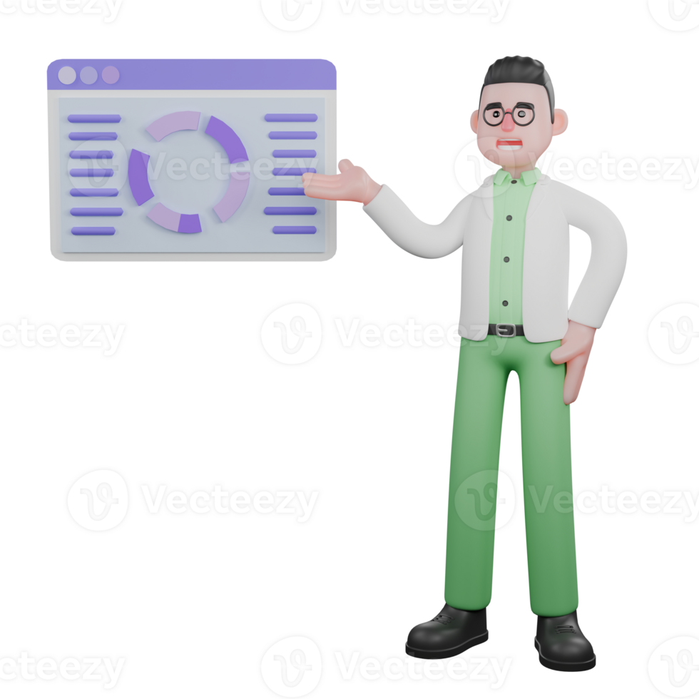 3D Cartoon Field Scientist. A male biologist stands next to a presentation board about analytical data results with a hand gesture pointing to a graph. Ecology Research Scene png